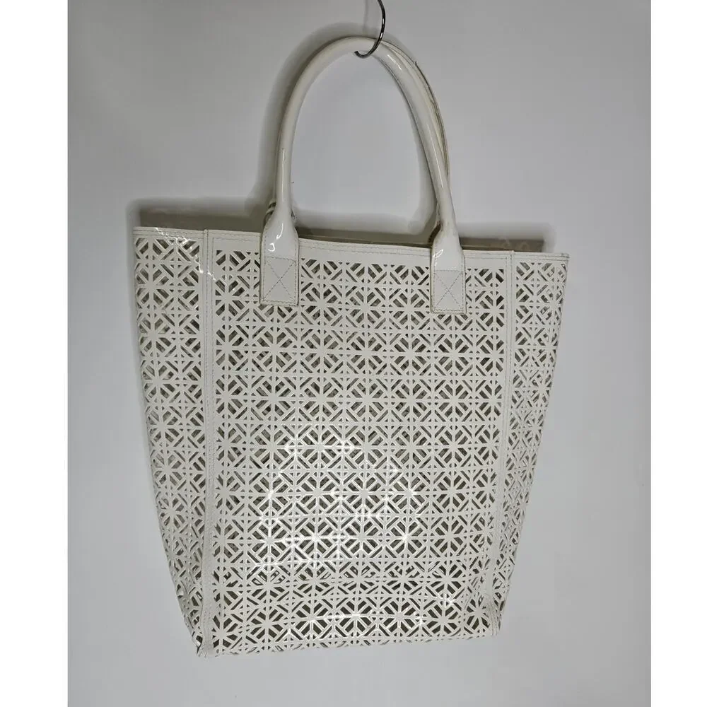 TORY BURCH White Cut-Out Patent Leather Tote Bag Lightweight Pool Beach Bag